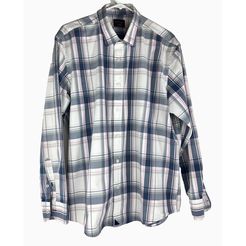 UNTUCKit Long Sleeve Shirt Mens XL Plaid Gray Cotton Dress Easy Care Casual LKNU